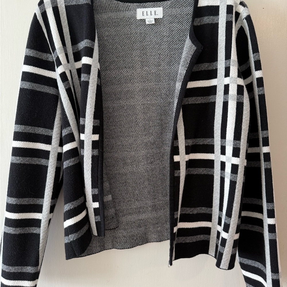 ELLE Modern Plaid Open Cardigan in Black White Gray